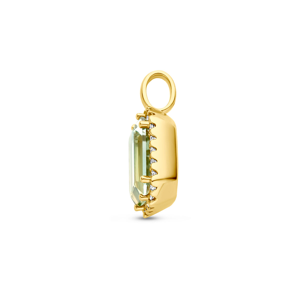 hanger groen amethist en diamant 0.10ct h si halo 14K geelgoud
