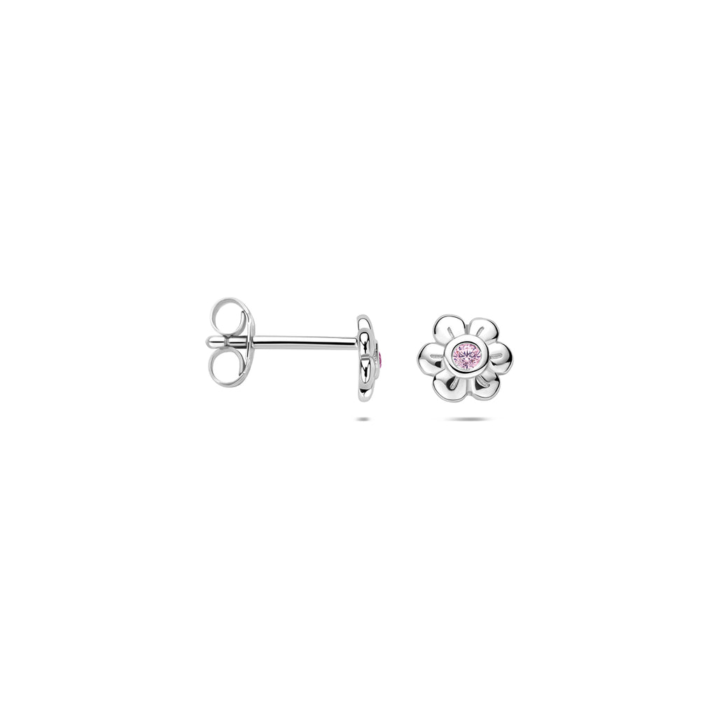 oorknoppen bloem roze zirkonia zilver gerhodineerd