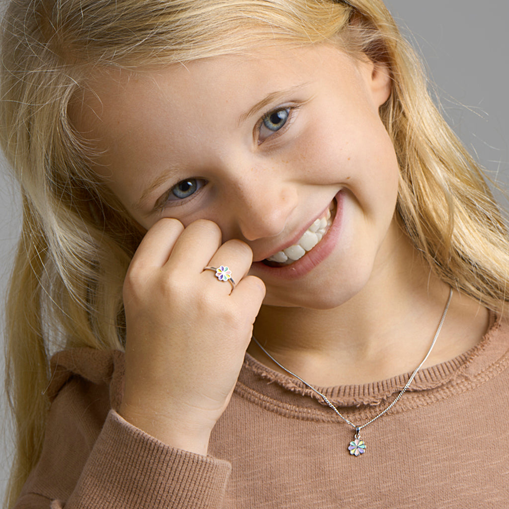 ring bloem emaille zilver gerhodineerd