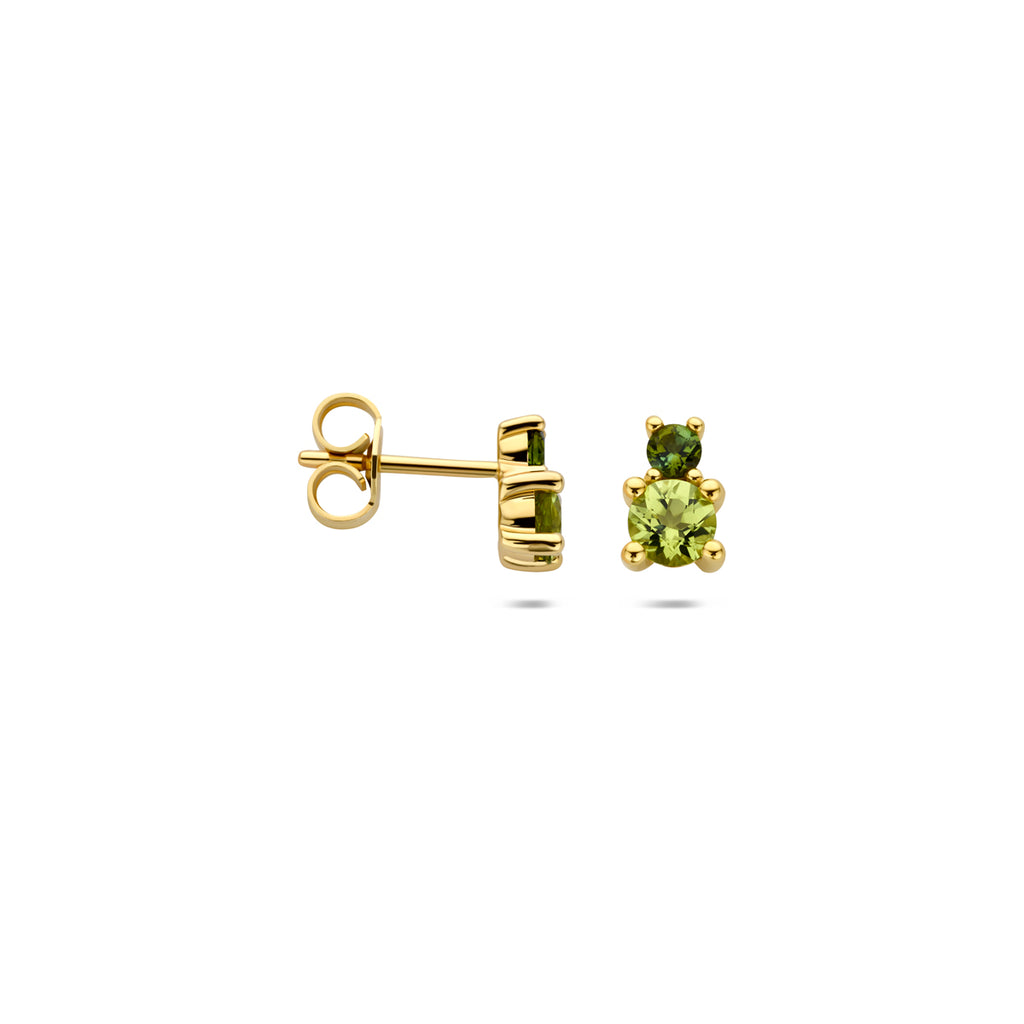 oorknoppen peridot en groen toermalijn 7,5 mm 14K geelgoud