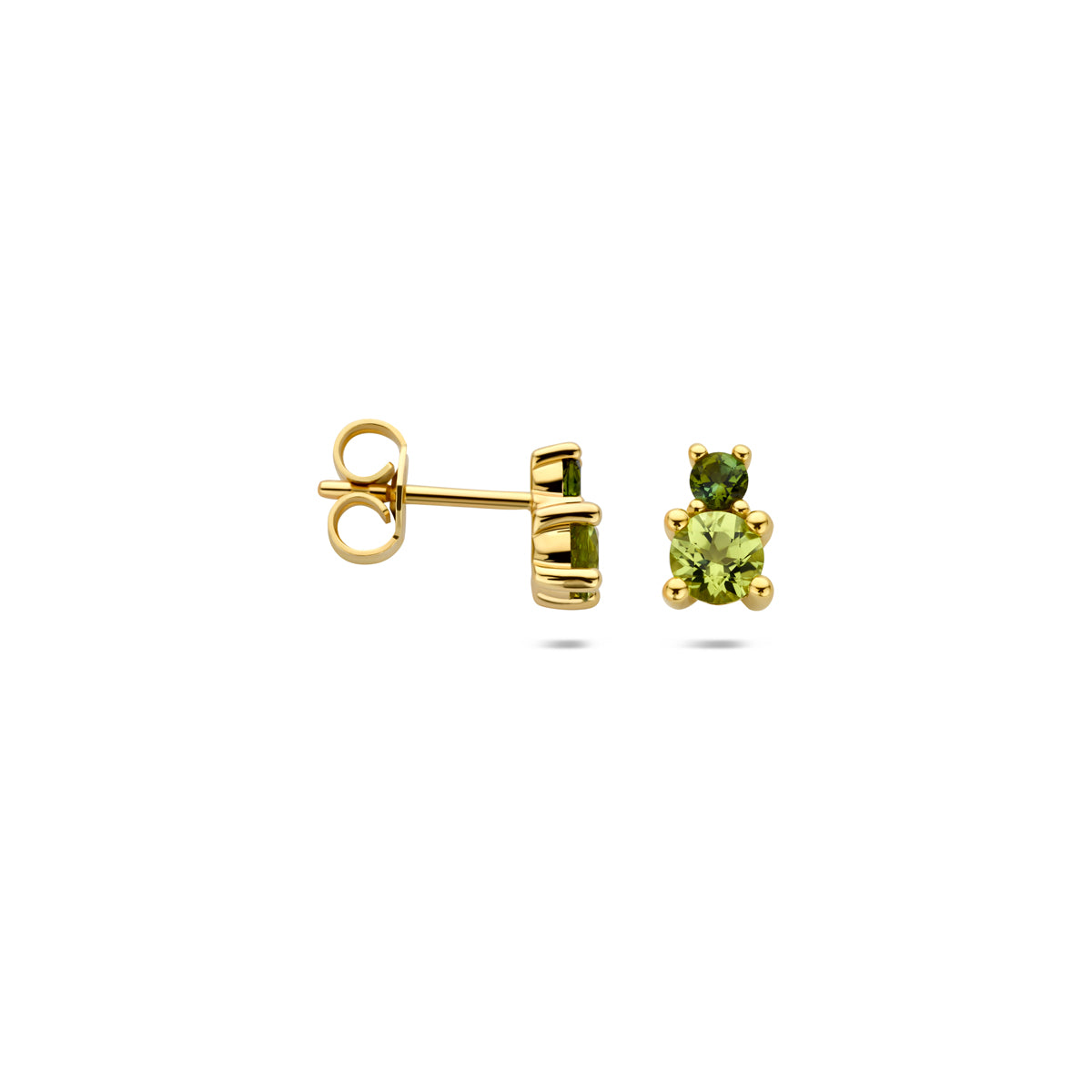 oorknoppen peridot en groen toermalijn 7,5 mm 14K geelgoud