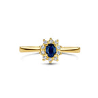 Ring saffier en diamant 0.08ct h p1 halo 14k geelgoud
