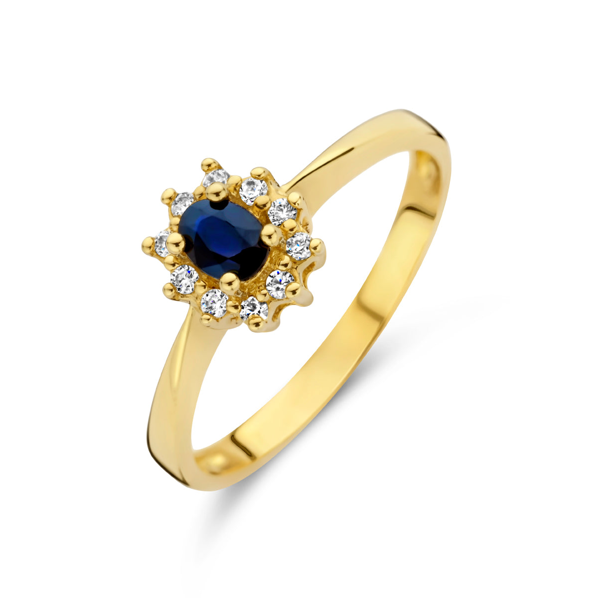 Ring saffier en zirkonia halo 14k geelgoud
