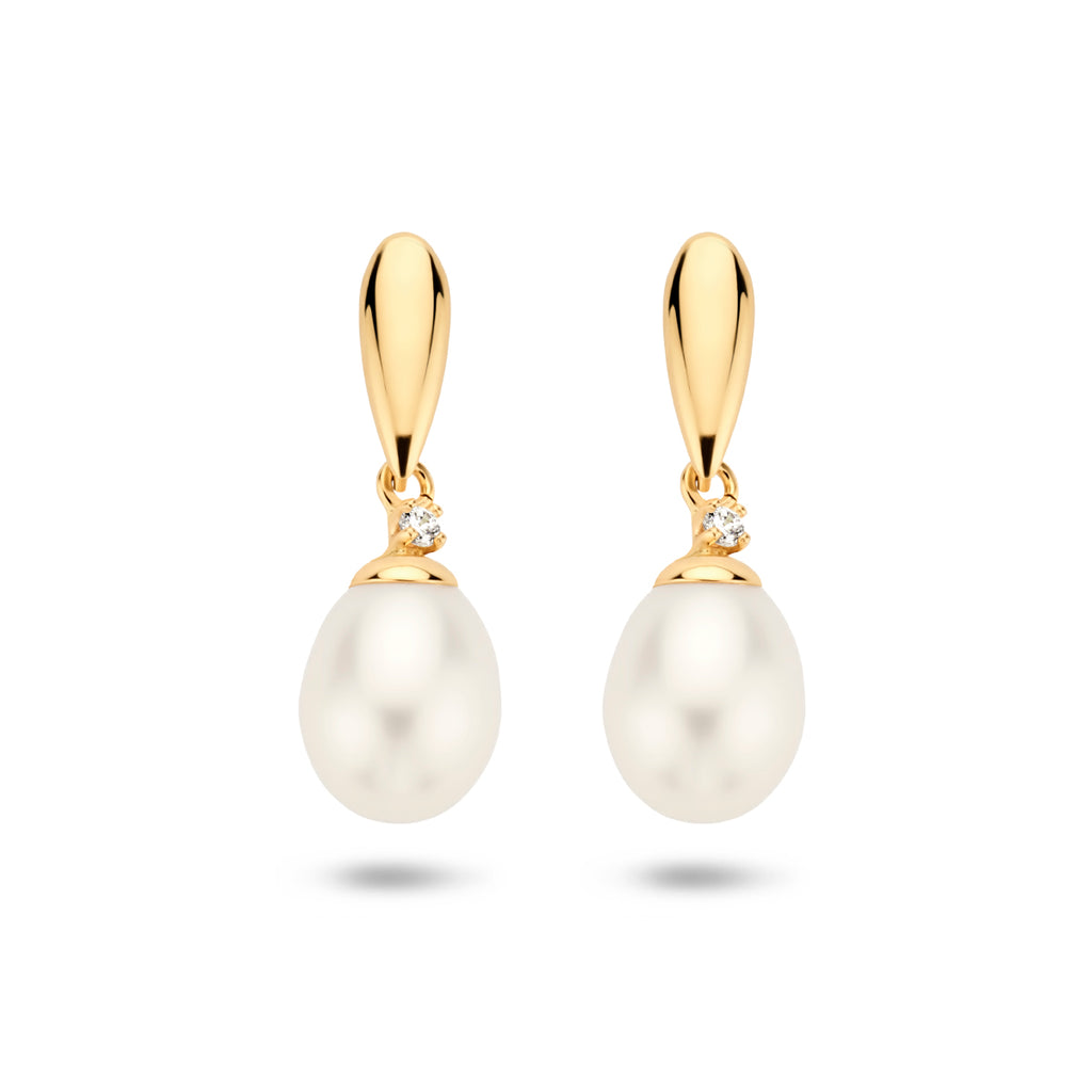 Oorhangers parel en zirkonia 14k geelgoud