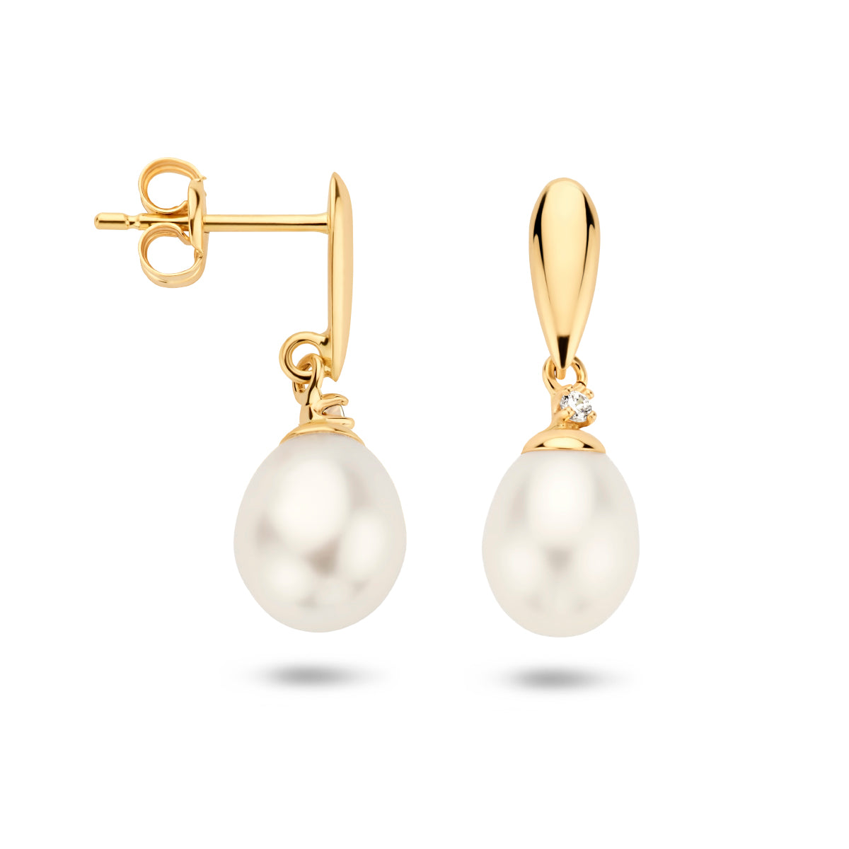 Oorhangers parel en zirkonia 14k geelgoud