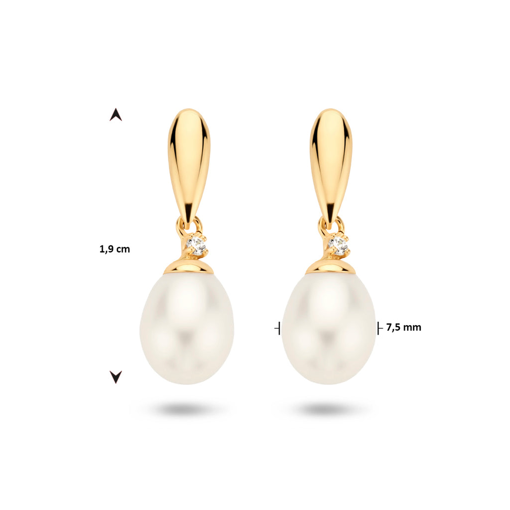 Oorhangers parel en zirkonia 14k geelgoud