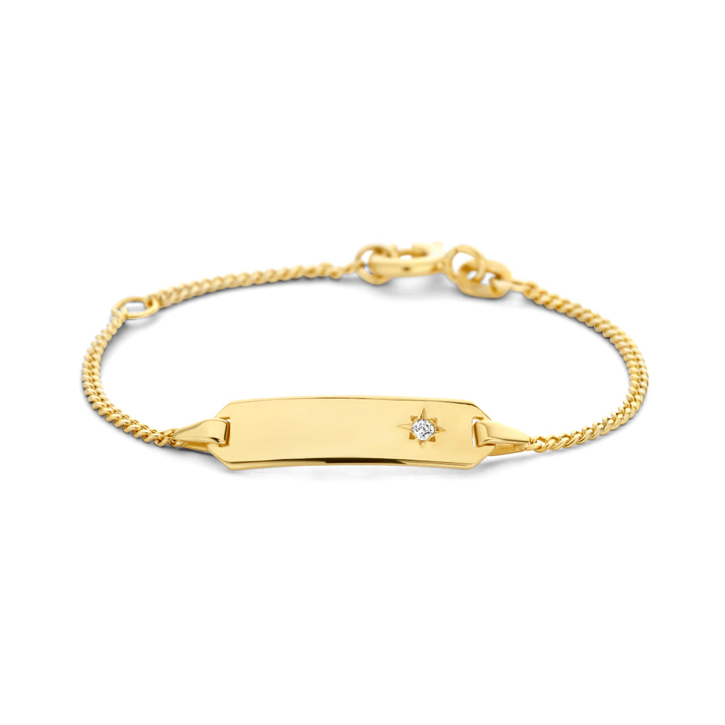 Graveerarmband zirkonia gourmette 4-zijdes geslepen plaat 5,0 mm 14k geelgoud