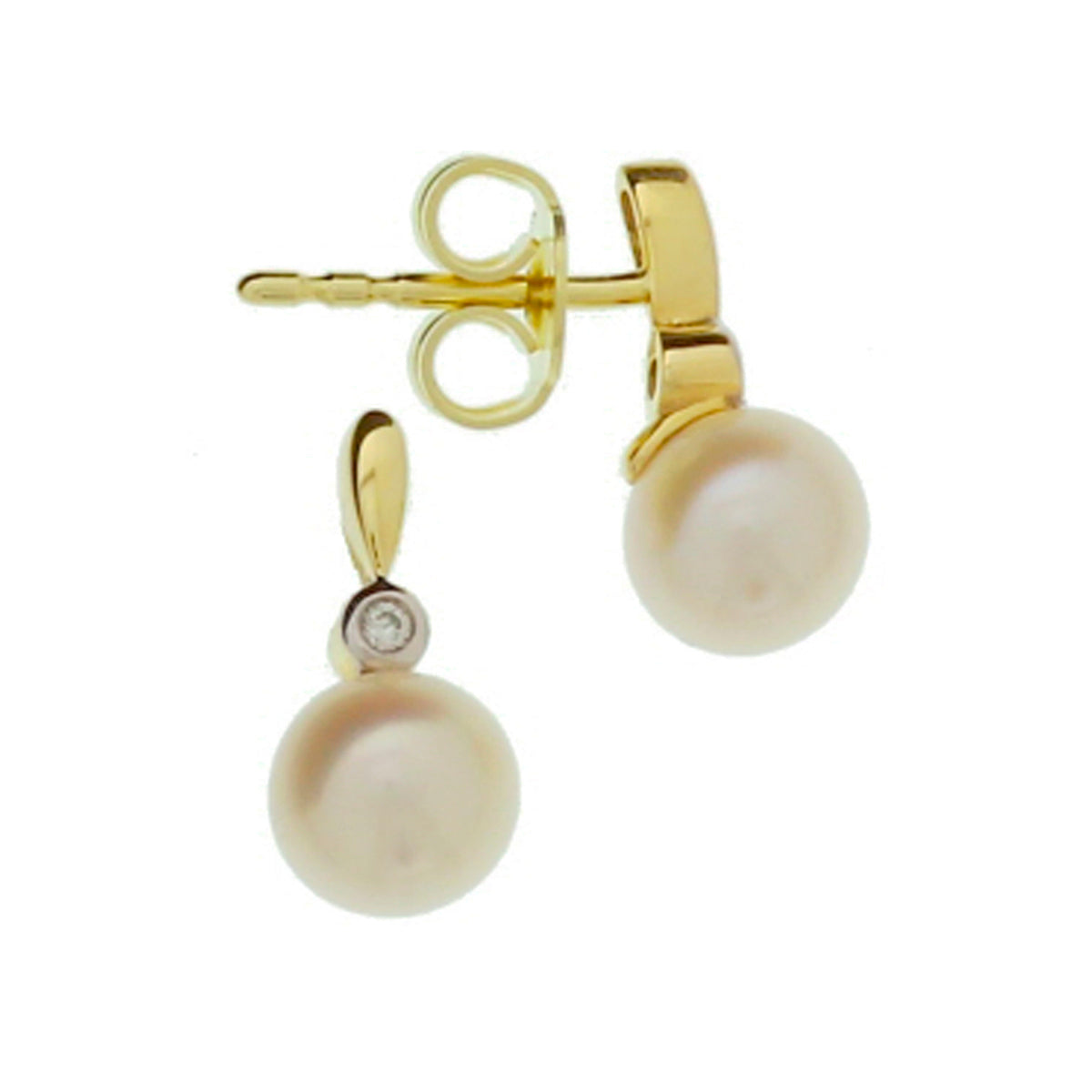 Oorknoppen parel en diamant 0.02ct (2x0.01ct) h si 14k geelgoud