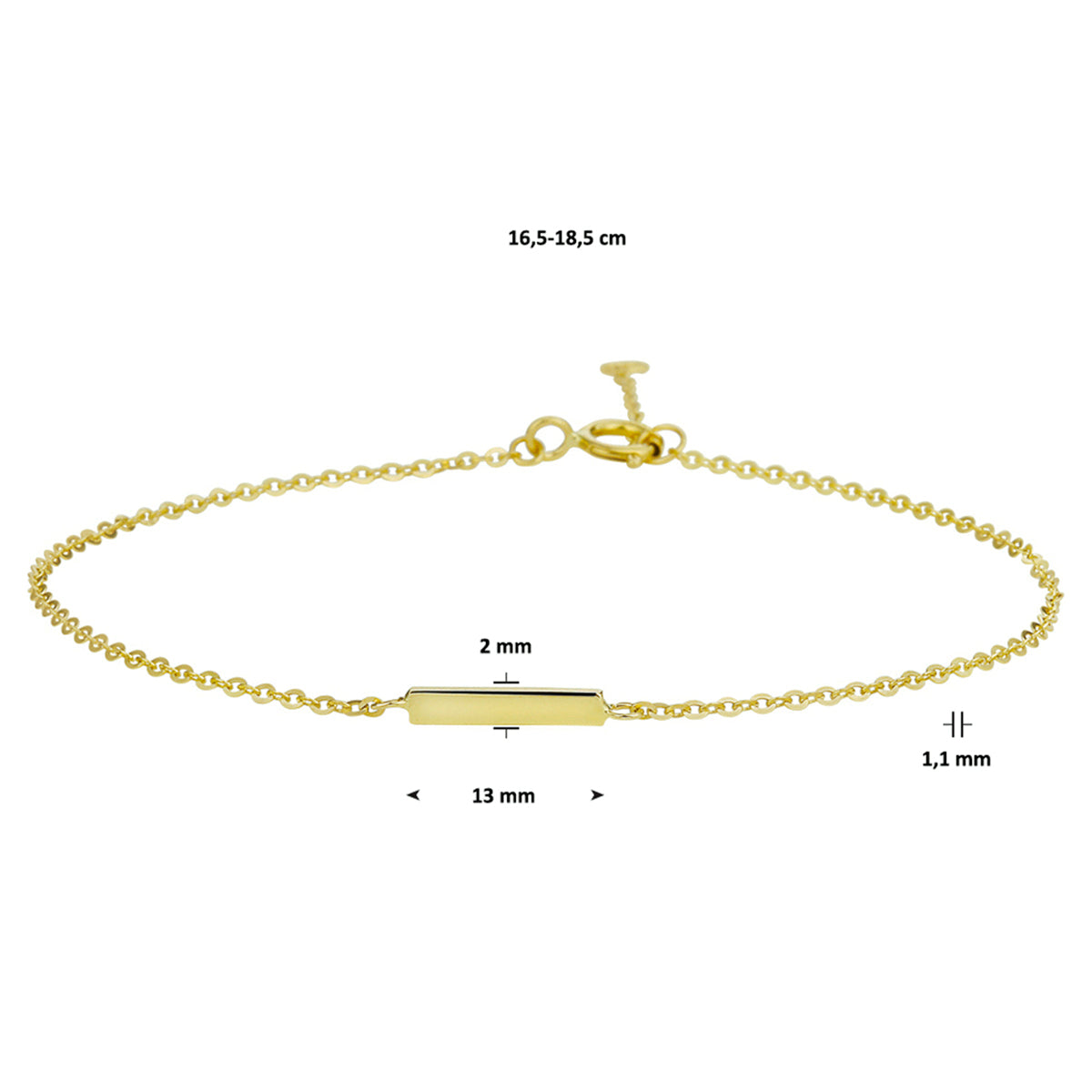 Armband balkje 16,5 - 18,5 cm 14k geelgoud