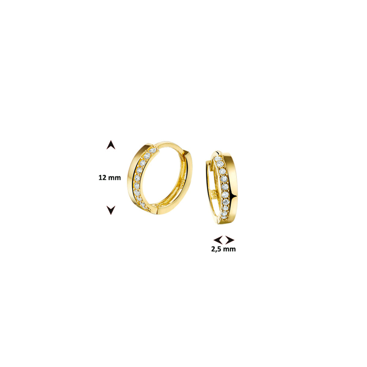 Klapoorringen zirkonia 2,5 x 12 mm 14k geelgoud