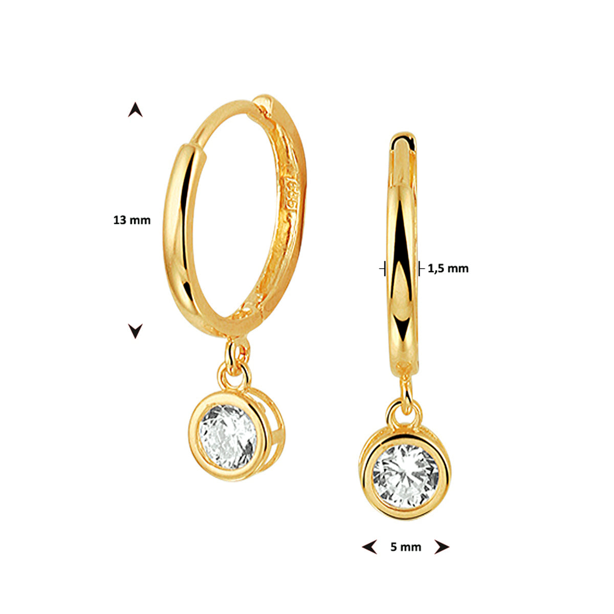 Klapoorringen zirkonia 14k geelgoud
