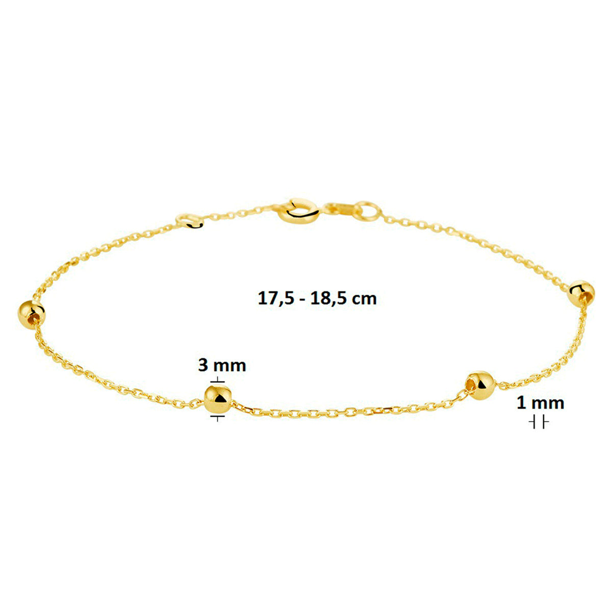 Armband anker en bolletjes 1,0 mm 17,5 - 18,5cm 14k geelgoud