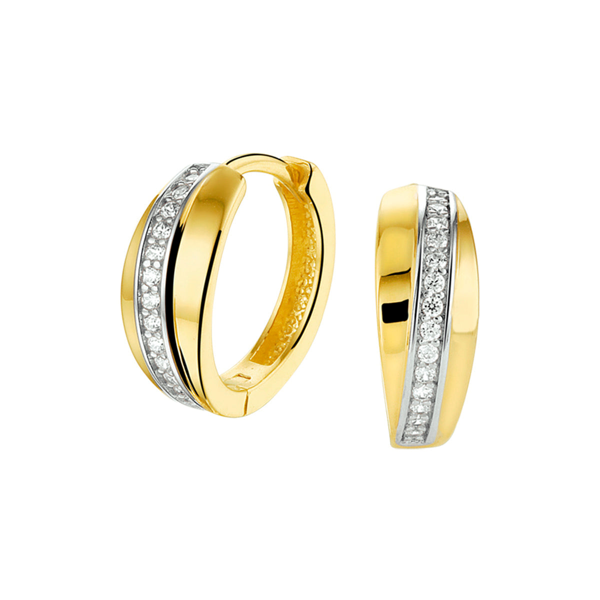 Klapoorringen zirkonia bicolor gestift 14k geelgoud
