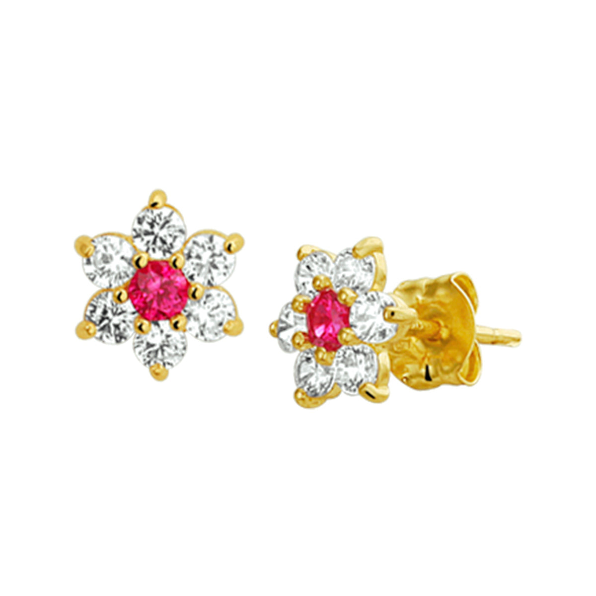 Oorknoppen synth. robijn en zirkonia halo 14k geelgoud