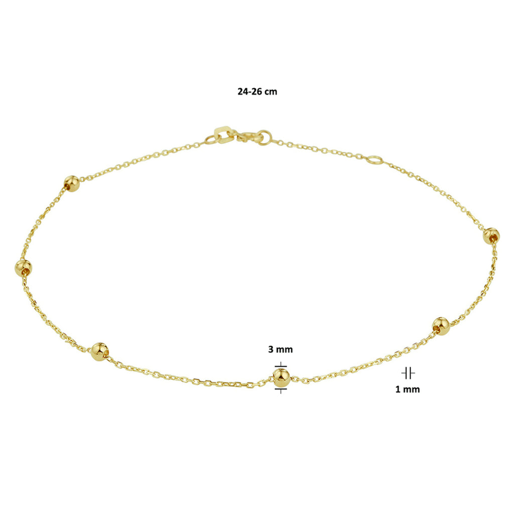 Enkelbandje bolletjes 1,0 mm 24 - 26 cm 14k geelgoud