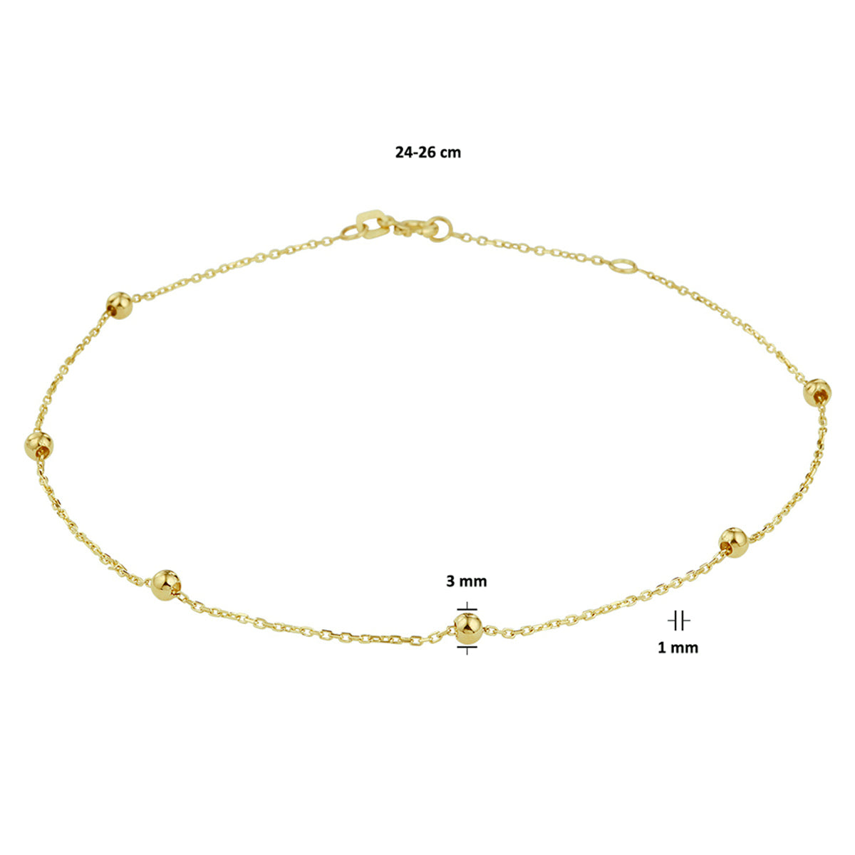 Enkelbandje bolletjes 1,0 mm 24 - 26 cm 14k geelgoud