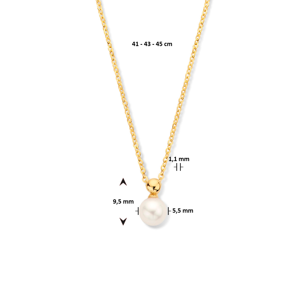 Collier parel 1,1 mm 41 - 43 - 45 cm 14k geelgoud