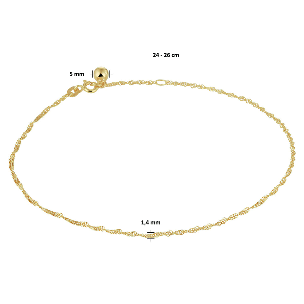 Enkelbandje singapore 1,4 mm 24 - 26 cm 14k geelgoud