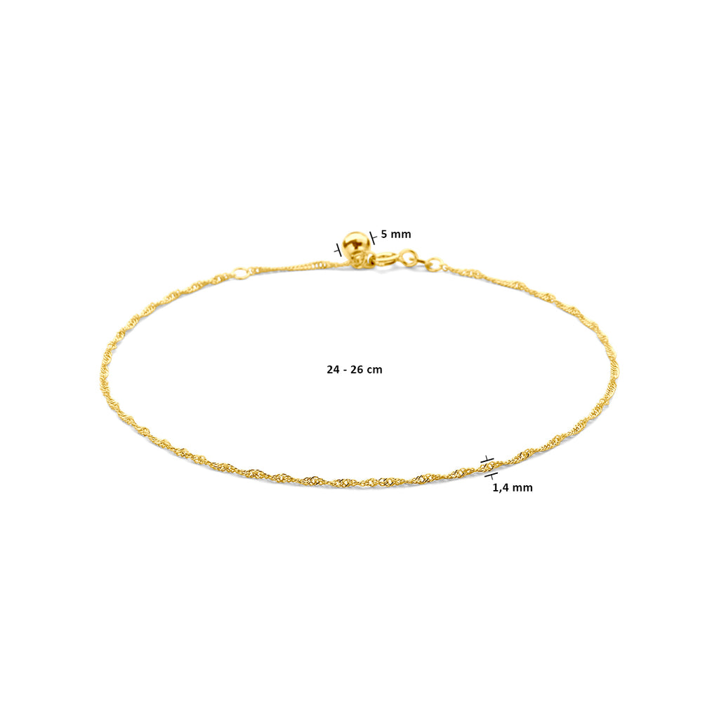 Enkelbandje singapore 1,4 mm 24 - 26 cm 14k geelgoud