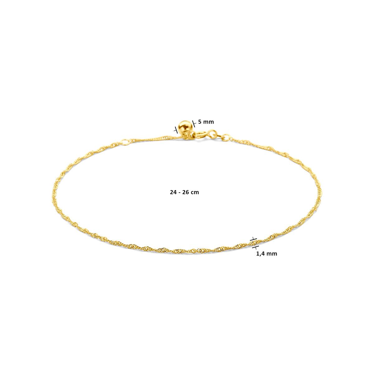 Enkelbandje singapore 1,4 mm 24 - 26 cm 14k geelgoud
