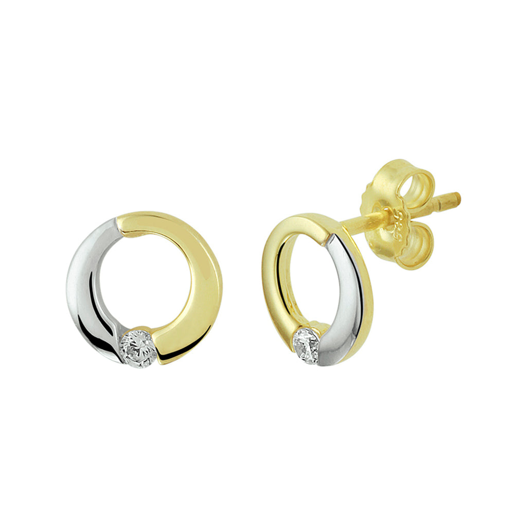 Oorknoppen rondje zirkonia bicolor gestift 14k geelgoud