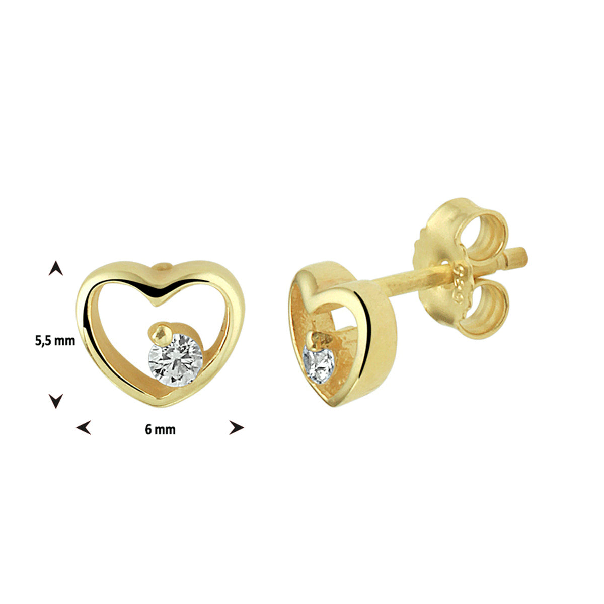Oorknoppen hart zirkonia 14k geelgoud