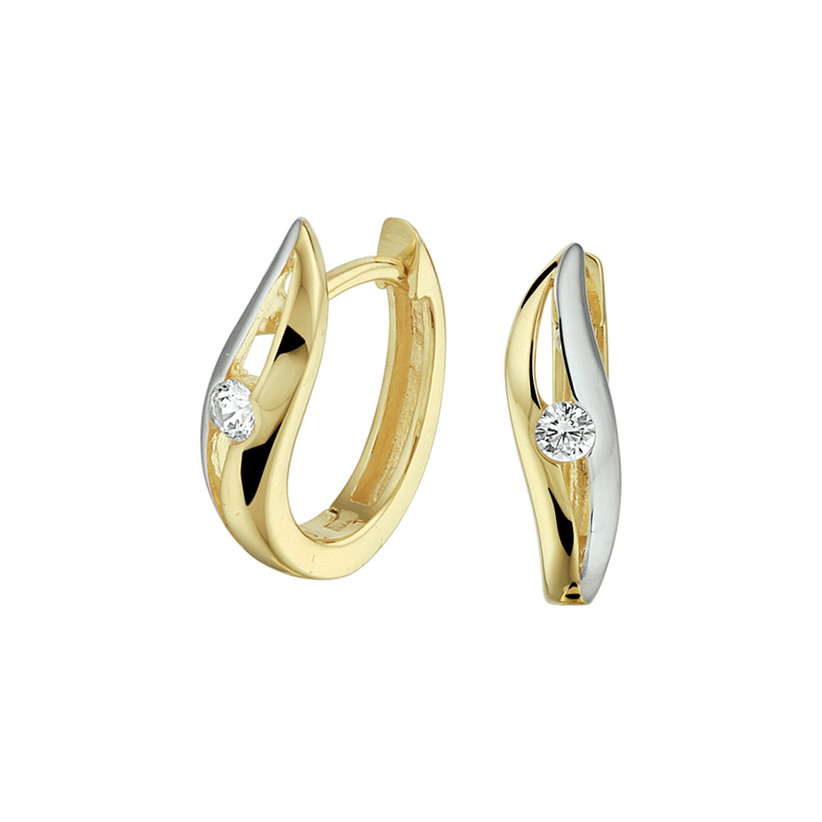 Klapoorringen zirkonia bicolor gestift 14k geelgoud