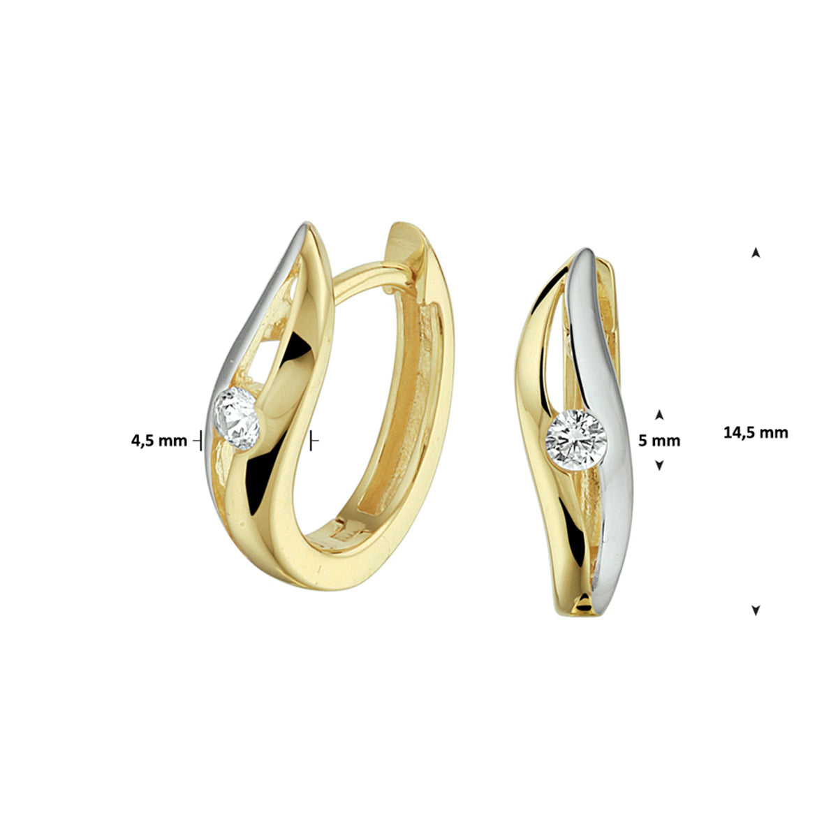 Klapoorringen zirkonia bicolor gestift 14k geelgoud