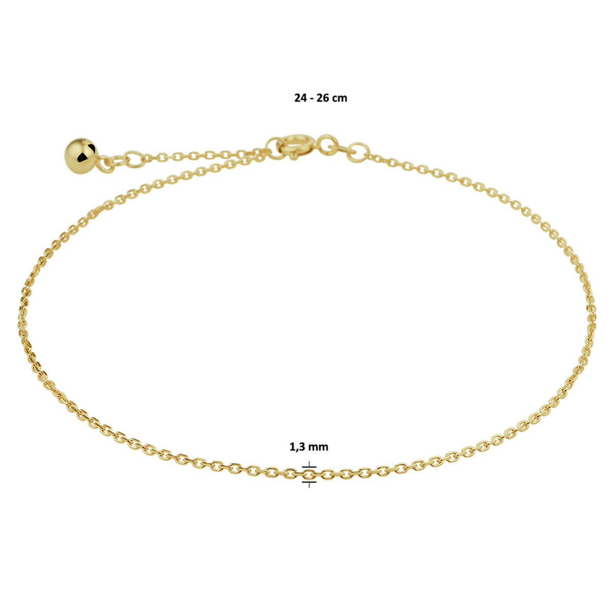 Enkelbandje anker gediamanteerd 1,3 mm 24 - 26 cm 14k geelgoud