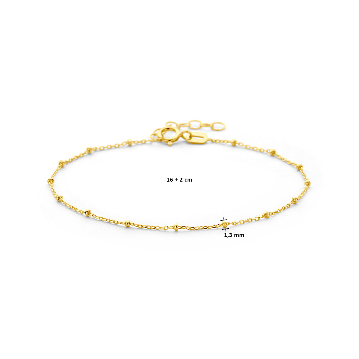 Armband bolletjes 1,3 mm 16 + 3 cm 14k geelgoud