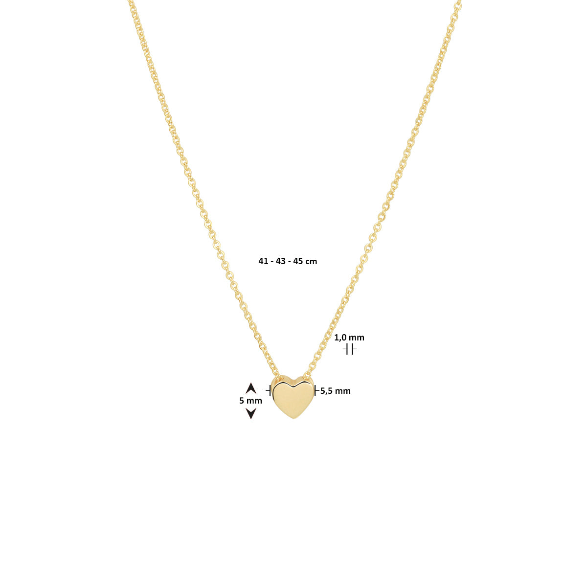 Collier hart 41 - 43 - 45 cm 14k geelgoud