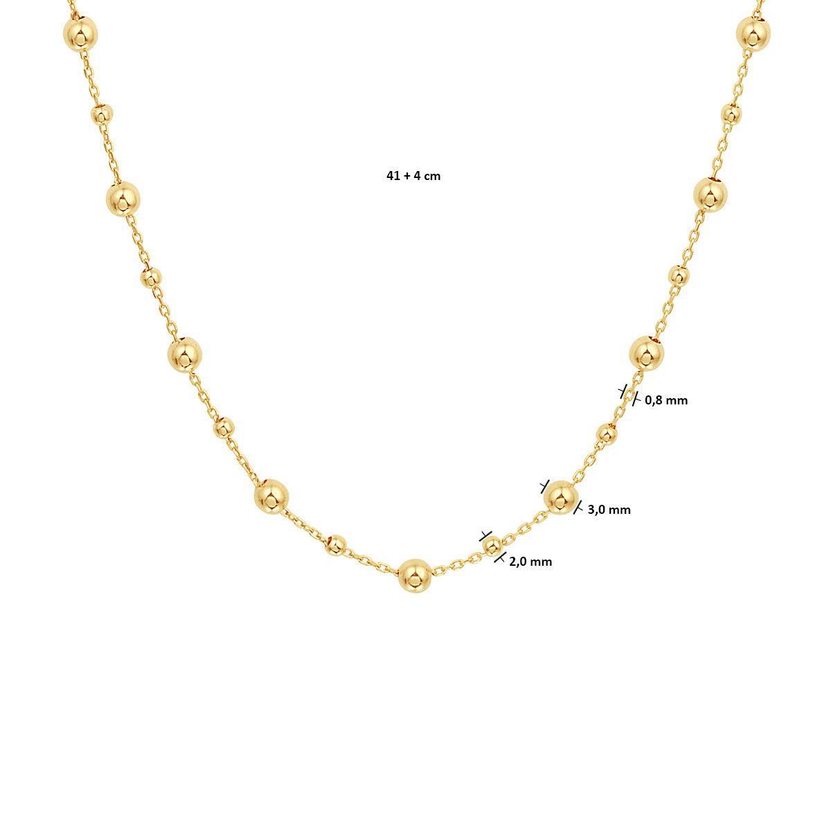 Collier bolletjes 0,8 mm 41 + 4 cm 14k geelgoud
