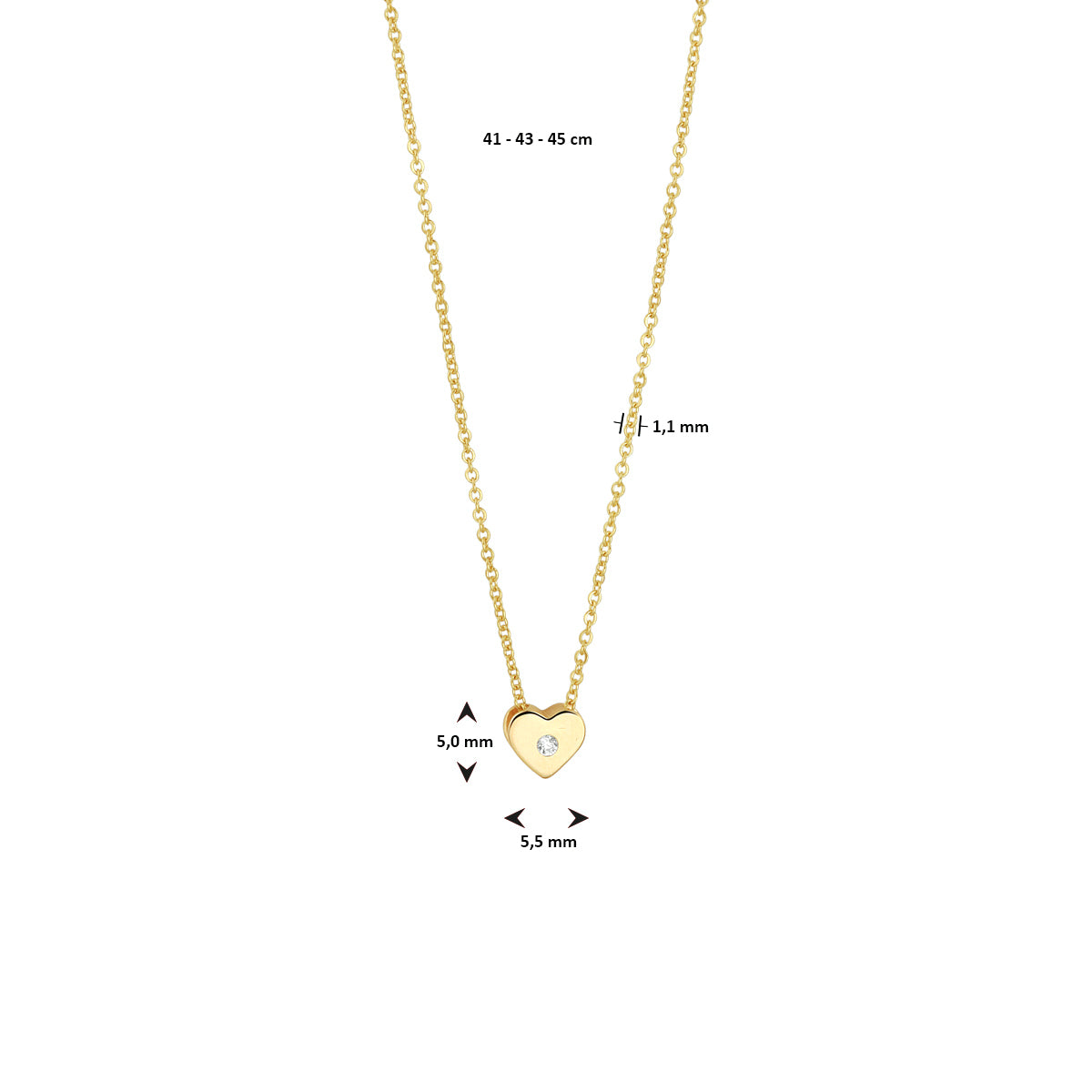 Collier hart 41 - 43 - 45 cm 14k geelgoud
