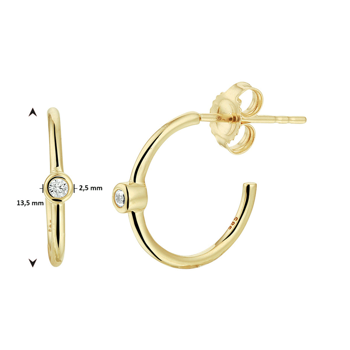 Stekeroorringen zirkonia 14k geelgoud