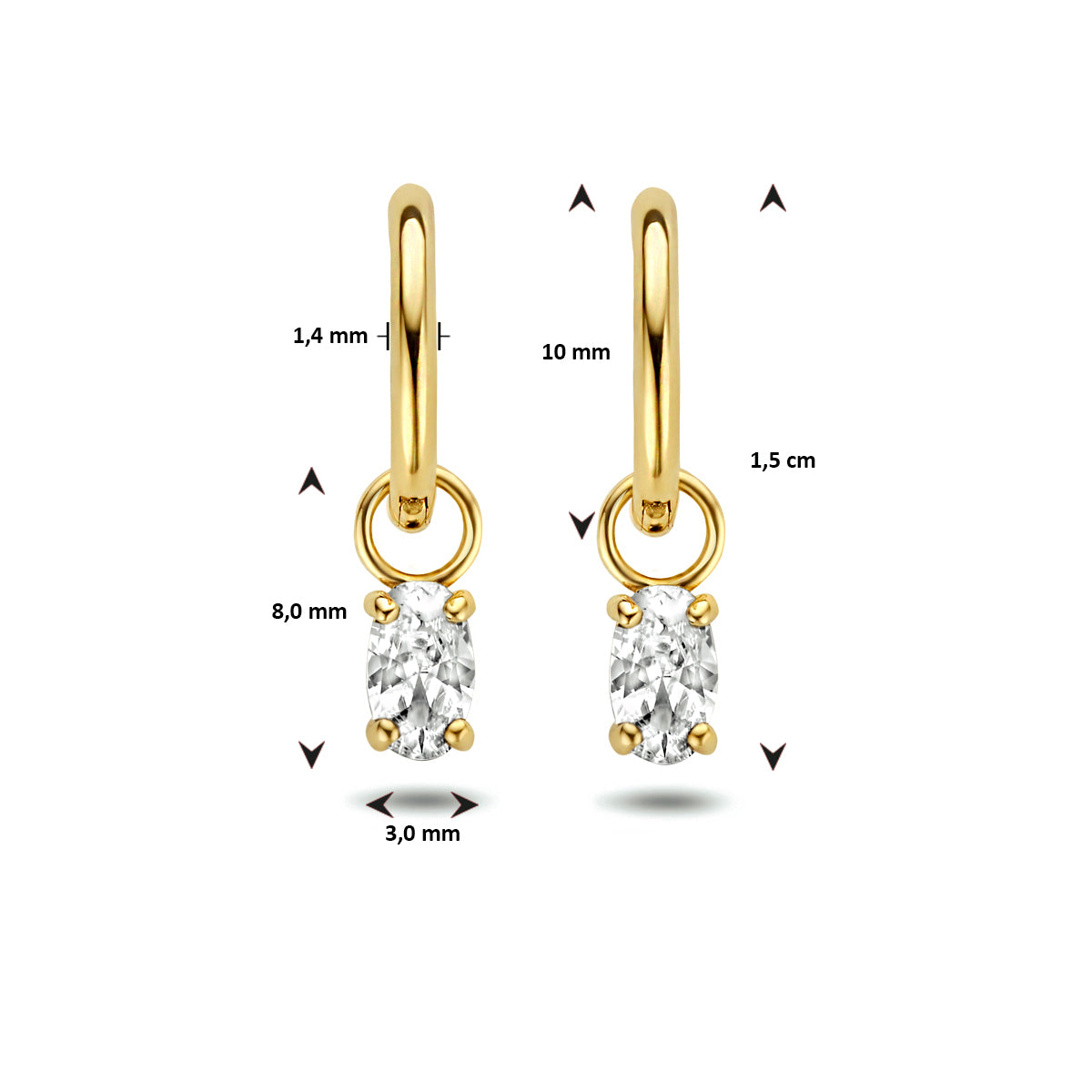 Klapoorringen zirkonia 14k geelgoud