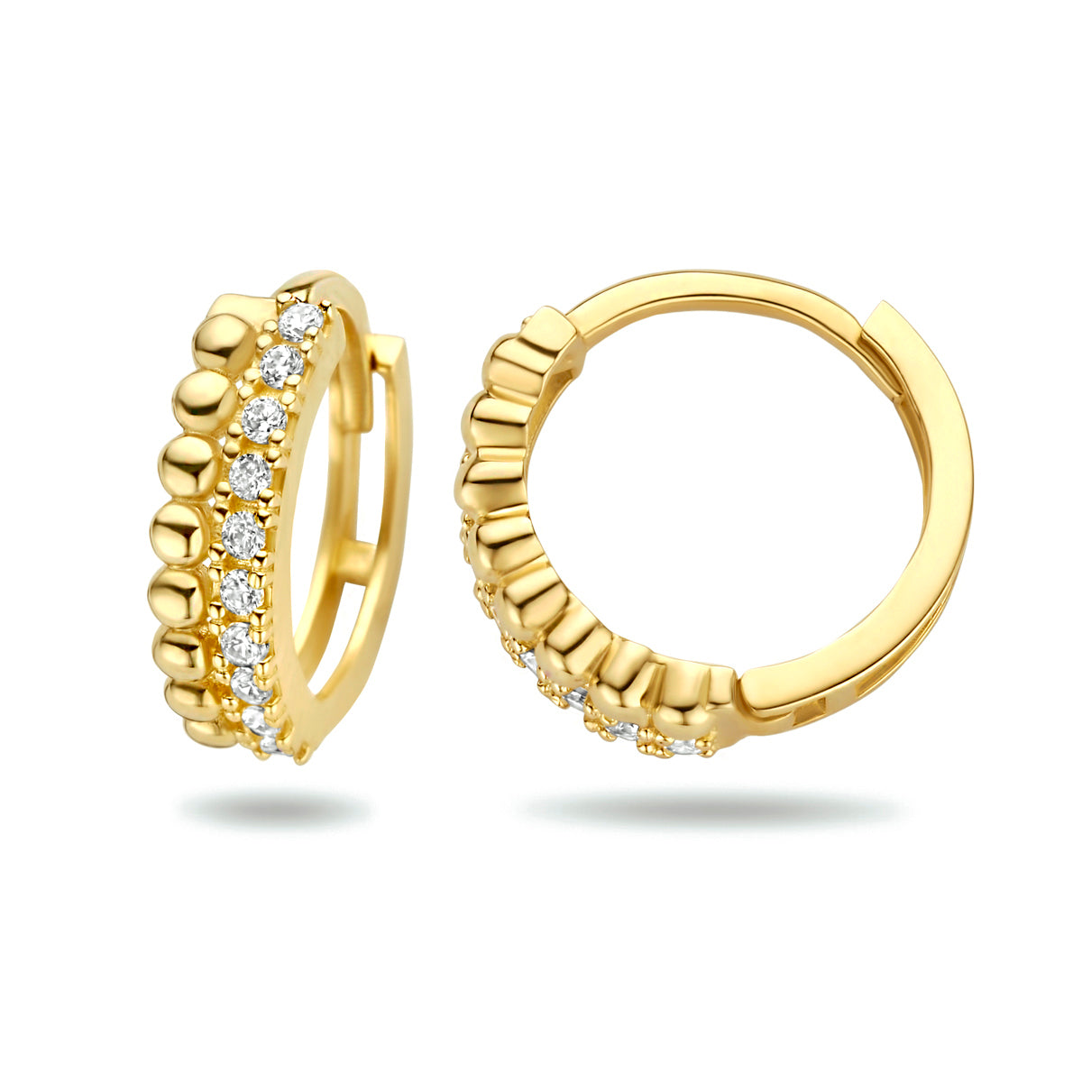 Klapoorringen bolletjes zirkonia 14k geelgoud