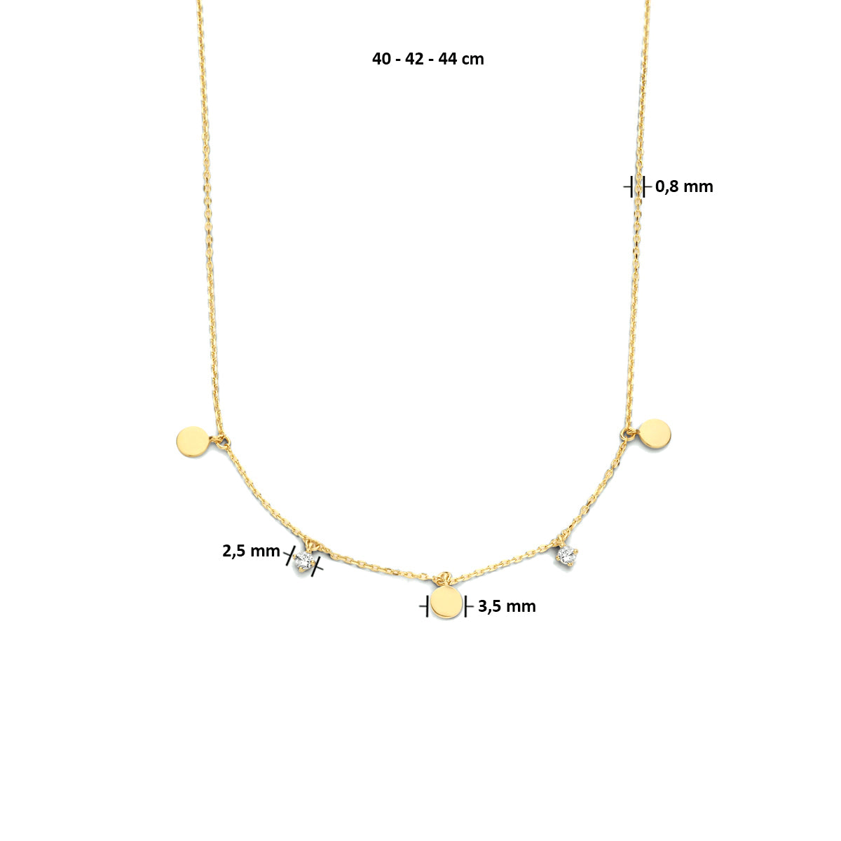 Collier rondjes zirkonia 40 - 42 - 44 cm 14k geelgoud