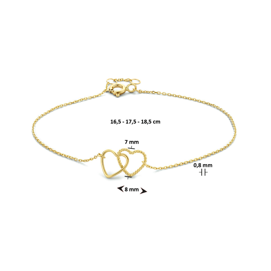 Armband hartjes 16,5 - 17,5 - 18,5 cm 14k geelgoud