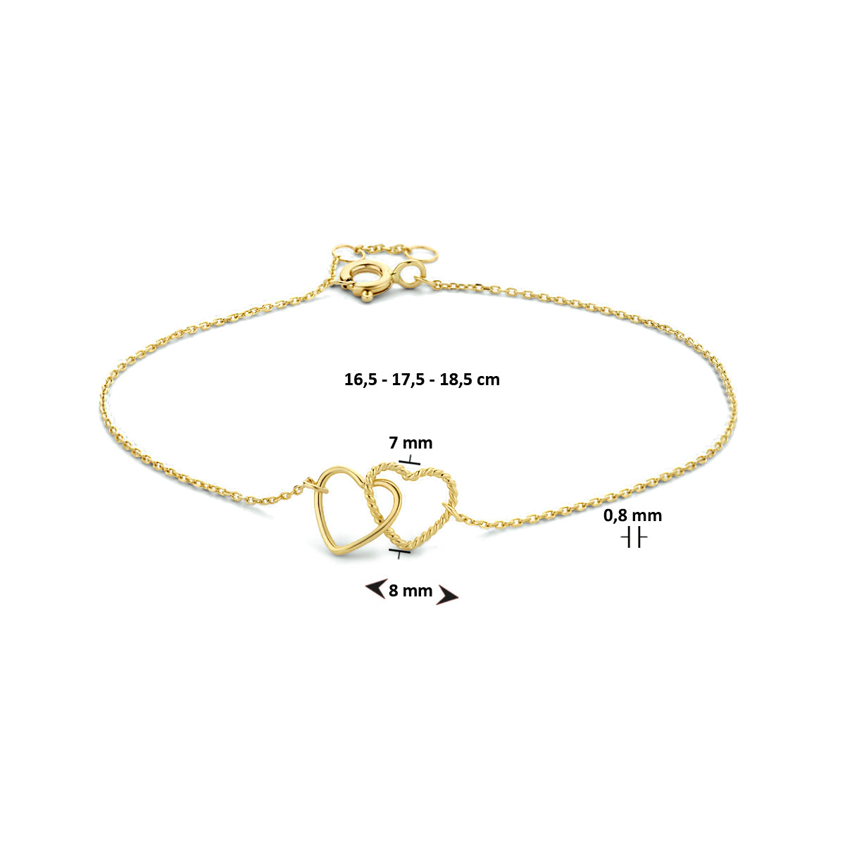 Armband hartjes 16,5 - 17,5 - 18,5 cm 14k geelgoud