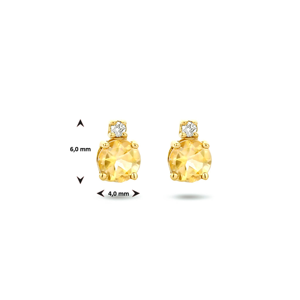 Oorknoppen citrien en diamant (2x 0.015ct) h si 14k geelgoud