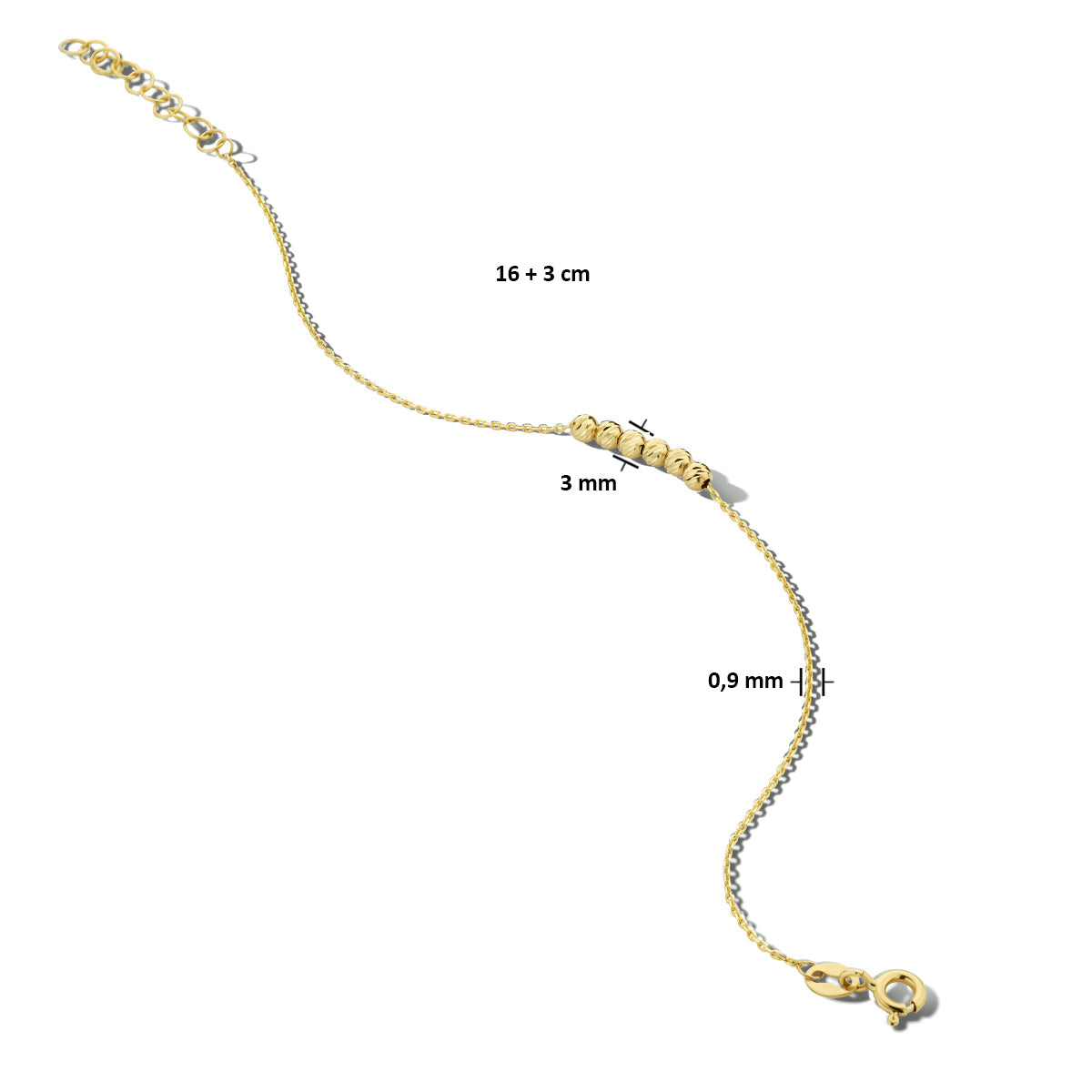 Armband bolletjes gediamanteerd 16 + 3 cm 14k geelgoud