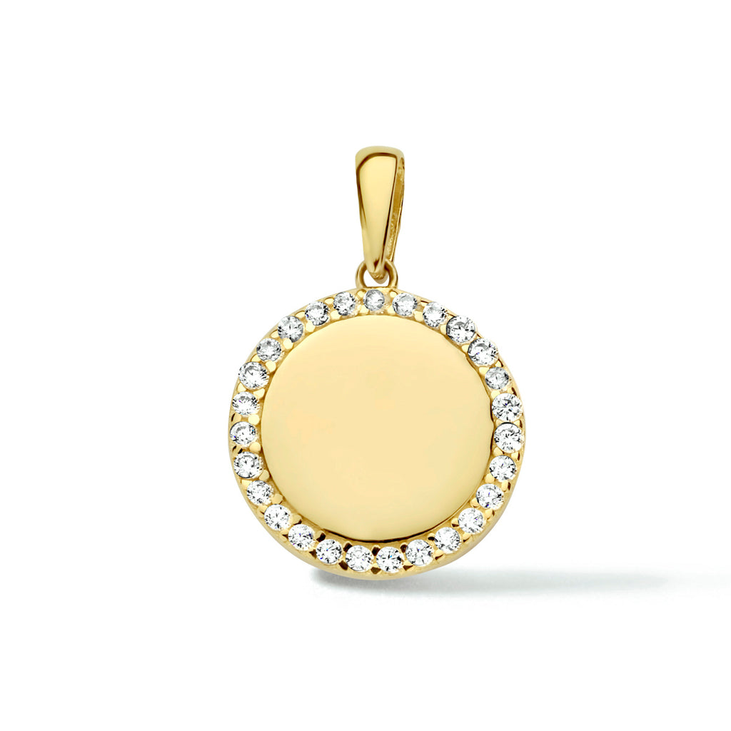Graveerhanger rond zirkonia 14k geelgoud
