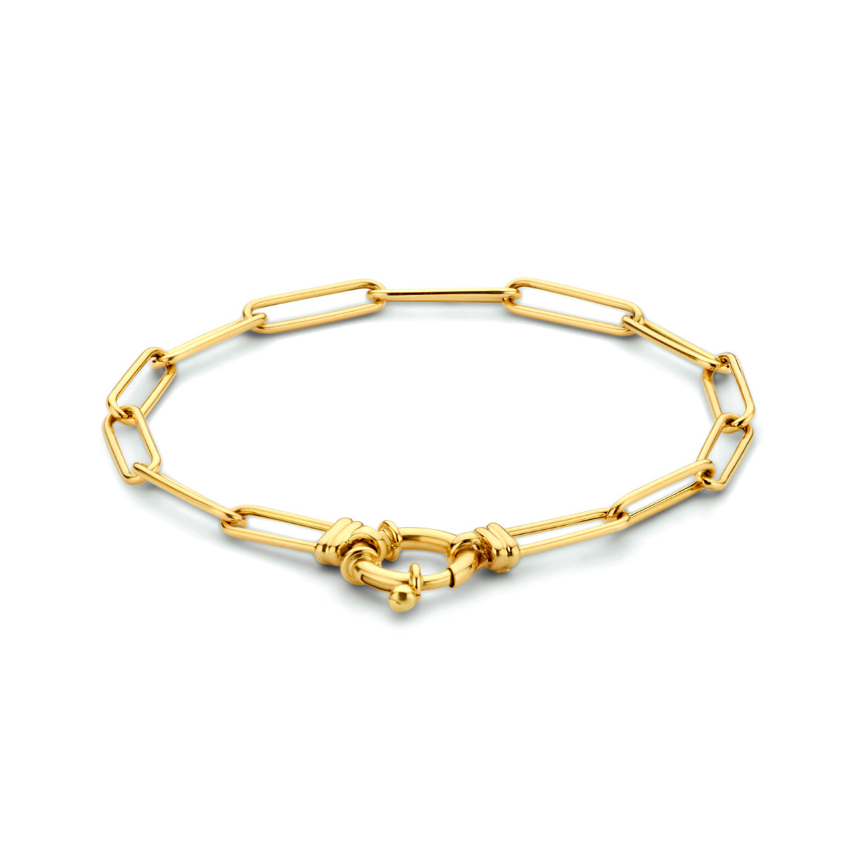 Armband paperclip ronde buis 4,0 mm 18 cm met groot springslot 14k geelgoud