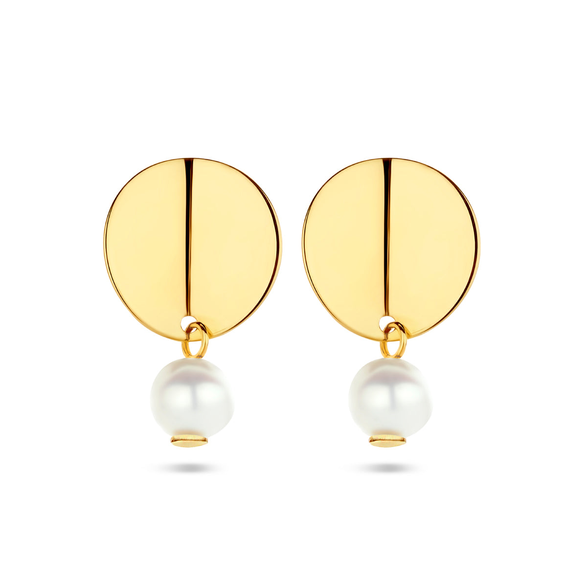 Oorknoppen rondje en parel 14k geelgoud