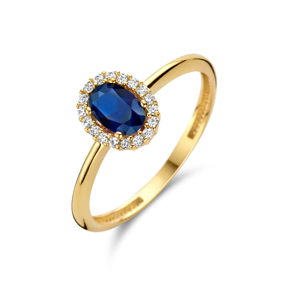 Ring synth. saffier en zirkonia halo 14k geelgoud