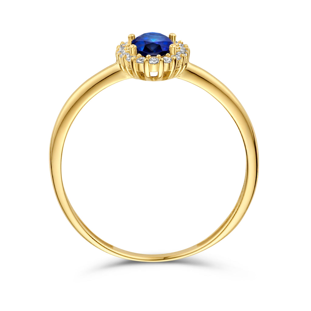 Ring synth. saffier en zirkonia halo 14k geelgoud