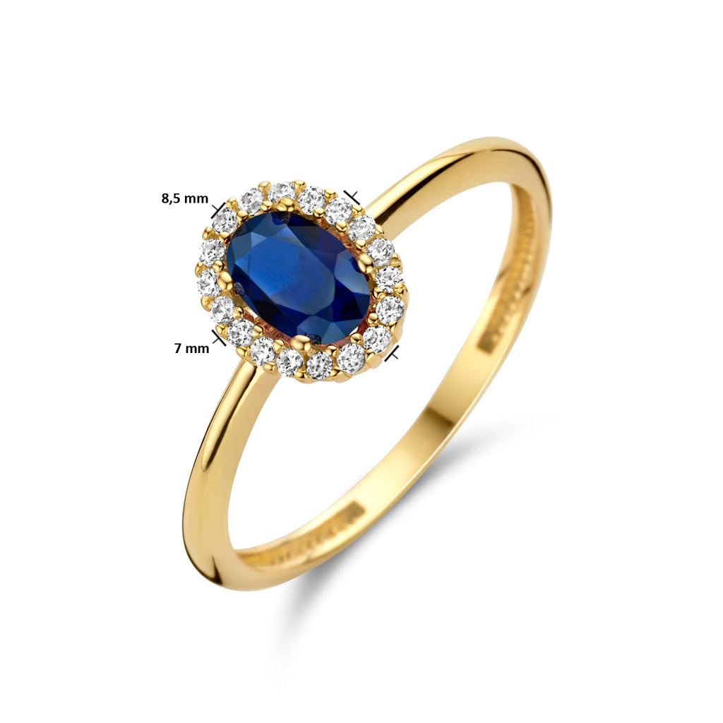 Ring synth. saffier en zirkonia halo 14k geelgoud