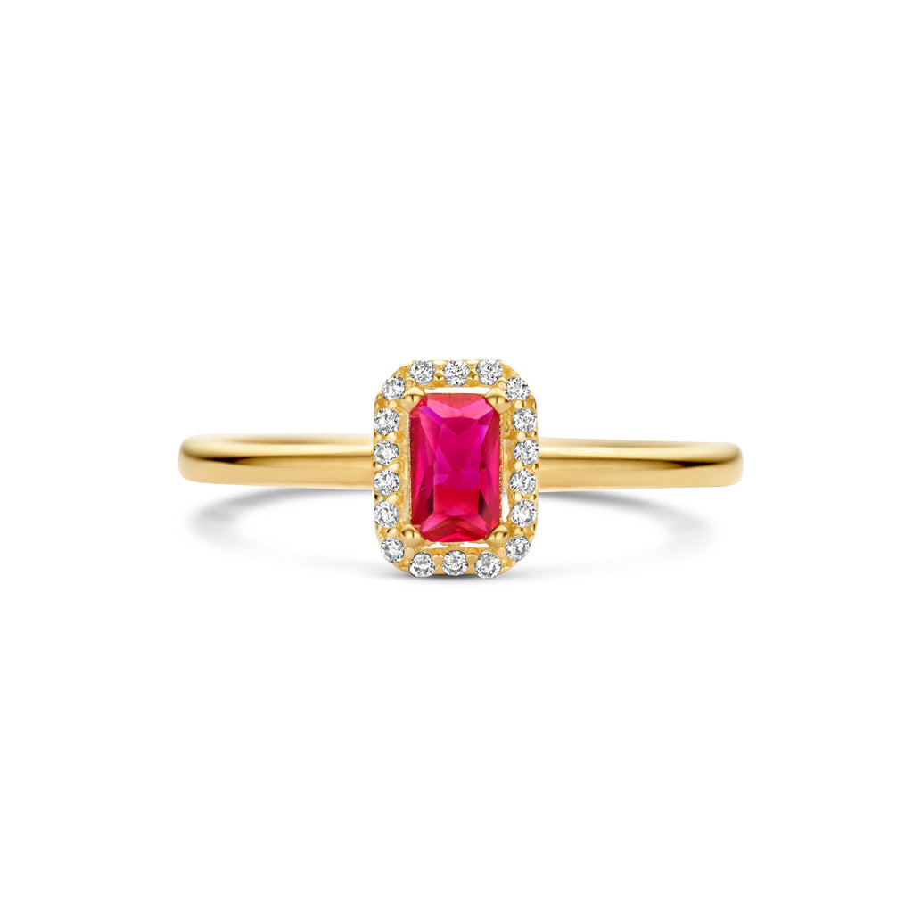 Ring rood en wit zirkonia halo 14k geelgoud