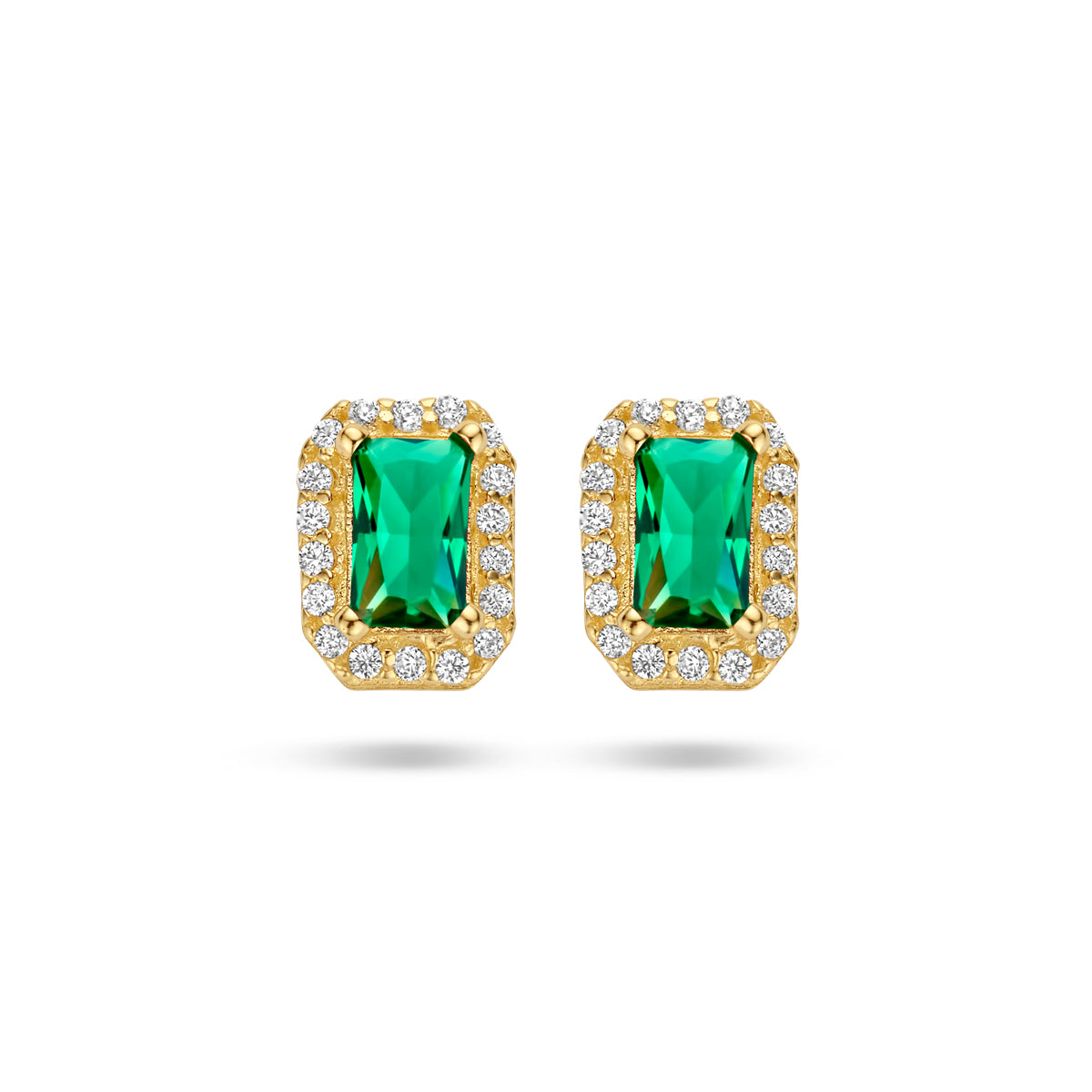 Oorknoppen groen en wit zirkonia halo 14k geelgoud