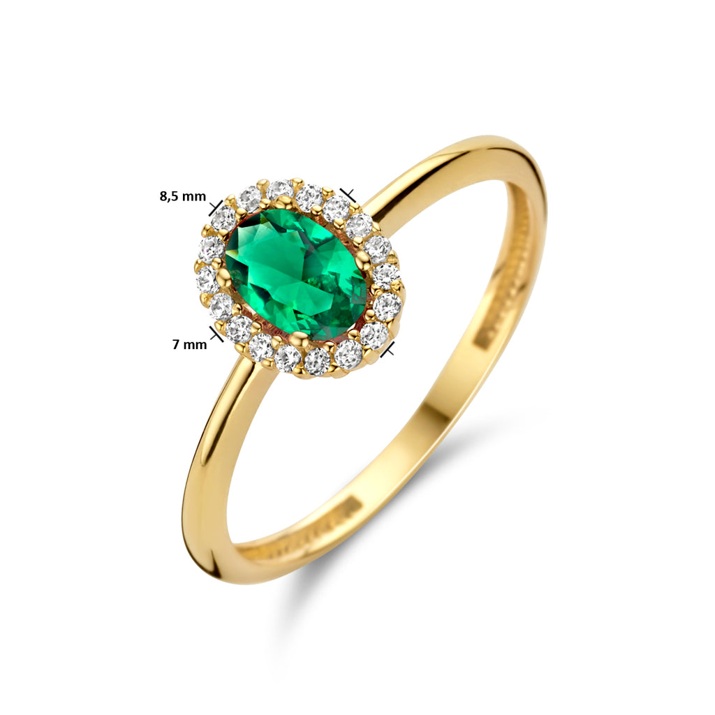 Ring groen en wit zirkonia halo 14k geelgoud